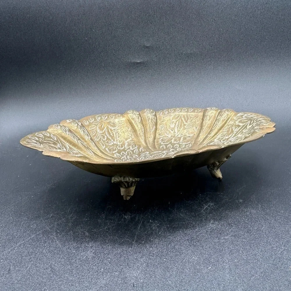 Vintage Etched Brass Footed Dish Bowl Trinket Catchall Decor